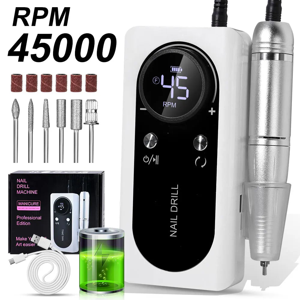 45000RPM Nail Drill Machine Kit Rechargeable Electric Portable Nail Sander File for Gel Nails Polishing For Manicure Salon Home