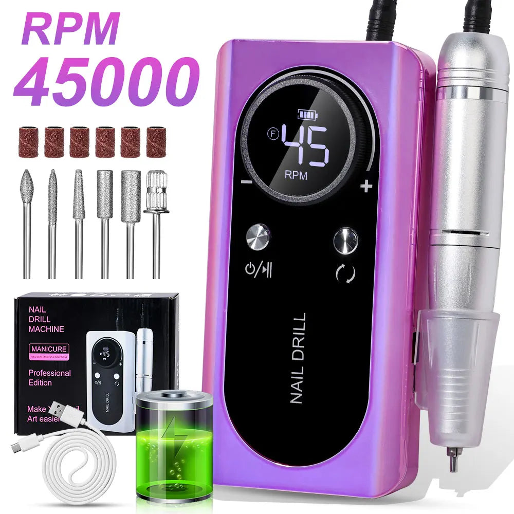 45000RPM Nail Drill Machine Kit Rechargeable Electric Portable Nail Sander File for Gel Nails Polishing For Manicure Salon Home