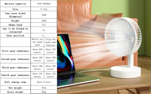 Load image into Gallery viewer, 3600mAh USB Desk Fan 4 Speed Adjustable Desktop Table Fan with Strong Wind Quiet Operation Kipas USB Oscillating Fan

