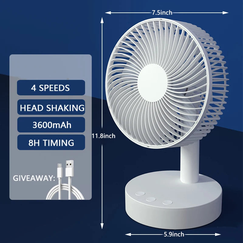 3600mAh USB Desk Fan 4 Speed Adjustable Desktop Table Fan with Strong Wind Quiet Operation Kipas USB Oscillating Fan