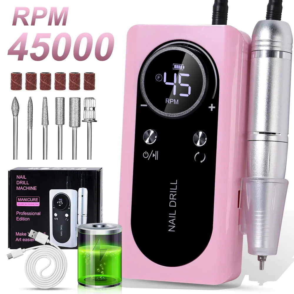 45000RPM Nail Drill Machine Kit Rechargeable Electric Portable Nail Sander File for Gel Nails Polishing For Manicure Salon Home